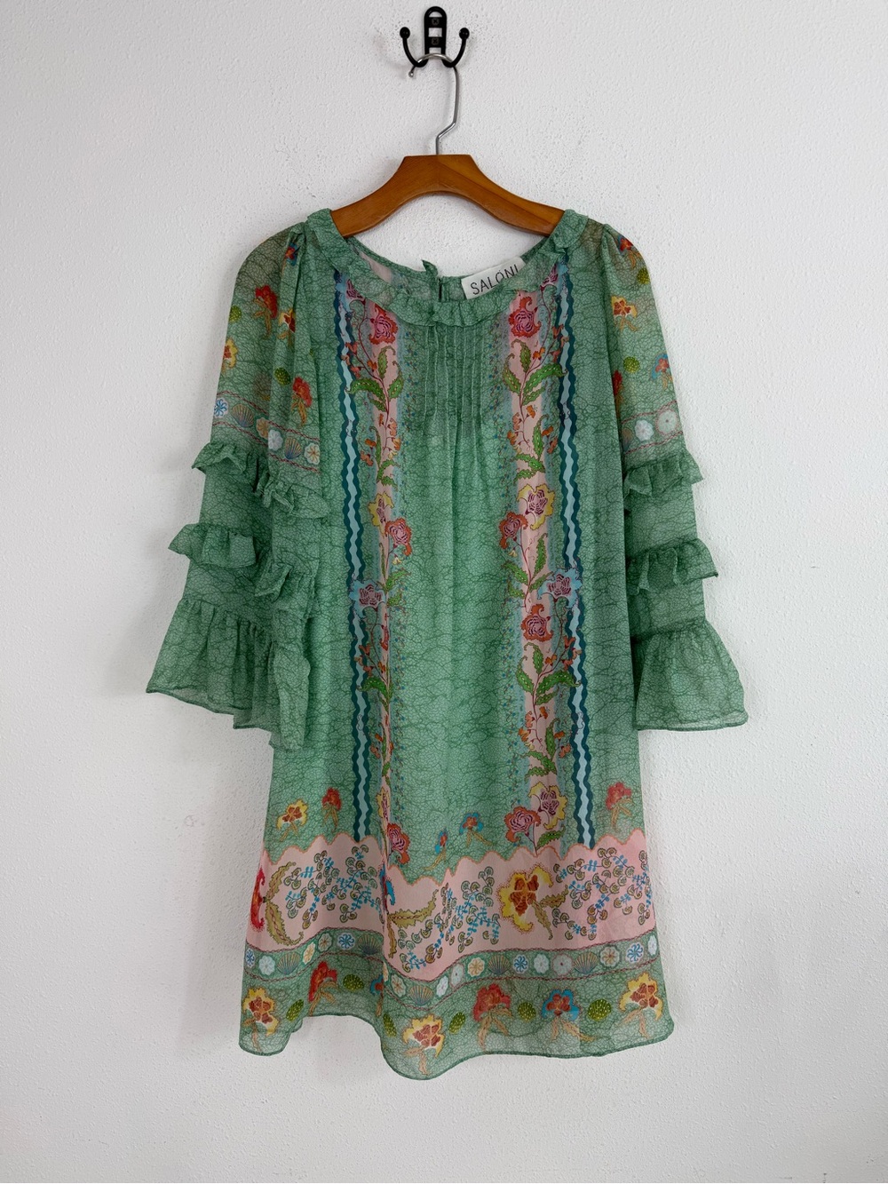 Saloni Lori Ruffled Silk Crepe De Chine Floral Print Mini Dress Green Sz 4
